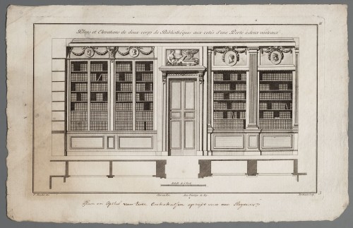 Ornamentprent. Plans et Elevations de deux corps de Bibliothèques.
